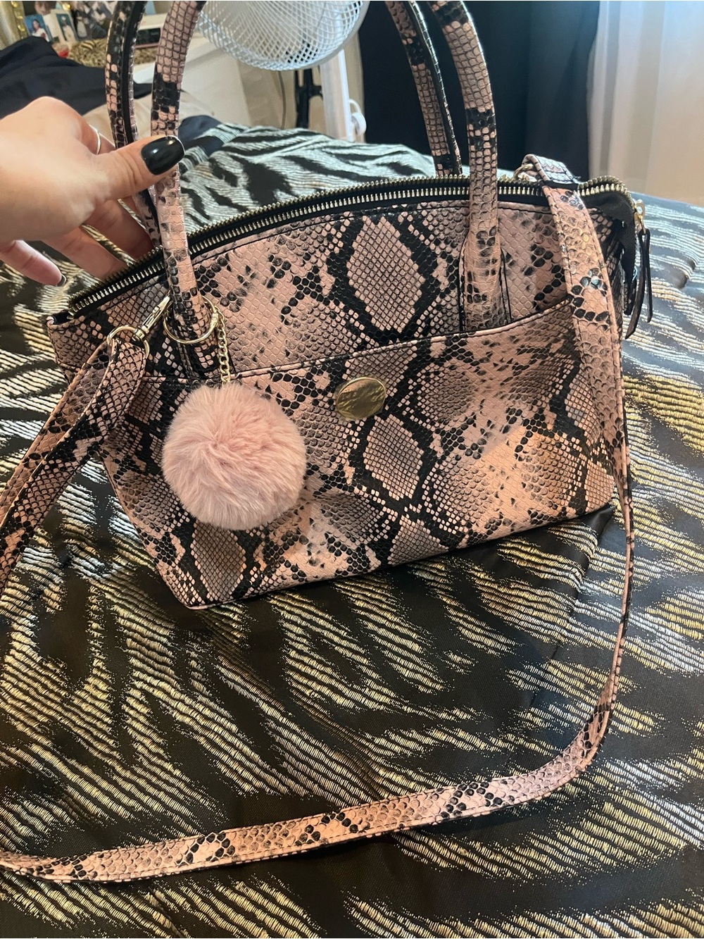 Pink Snake-Print Satchel Handbag with Pom Charm